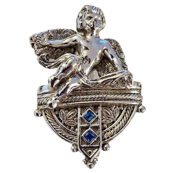 Vatican Library Silver Tone l Blue Rhinestone Cherub Angel Brooch, Signed L276 - Picture 2 of 8